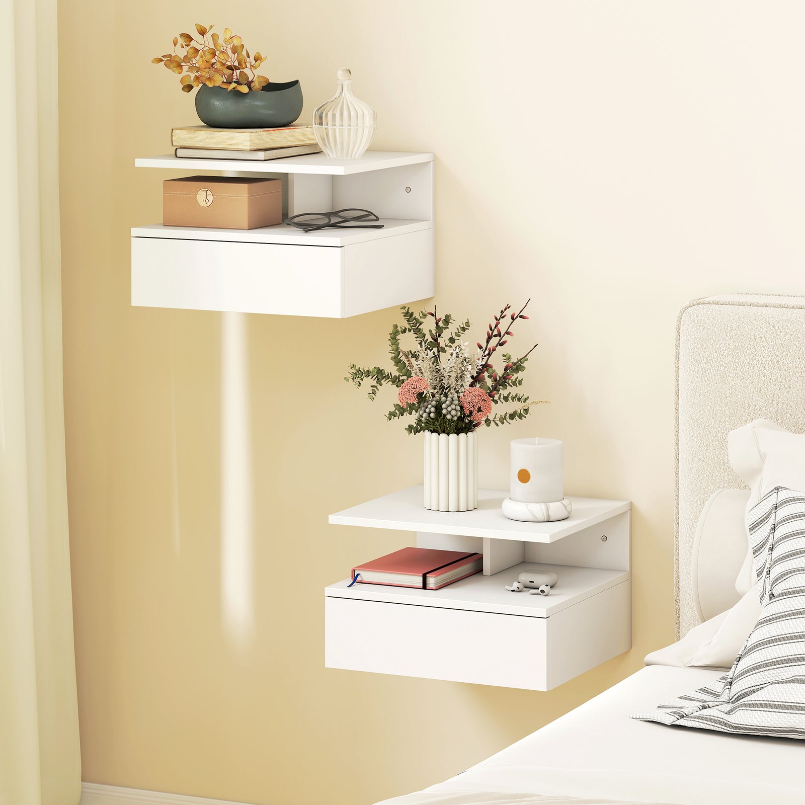 Set of Two Floating Bedside Tables - White