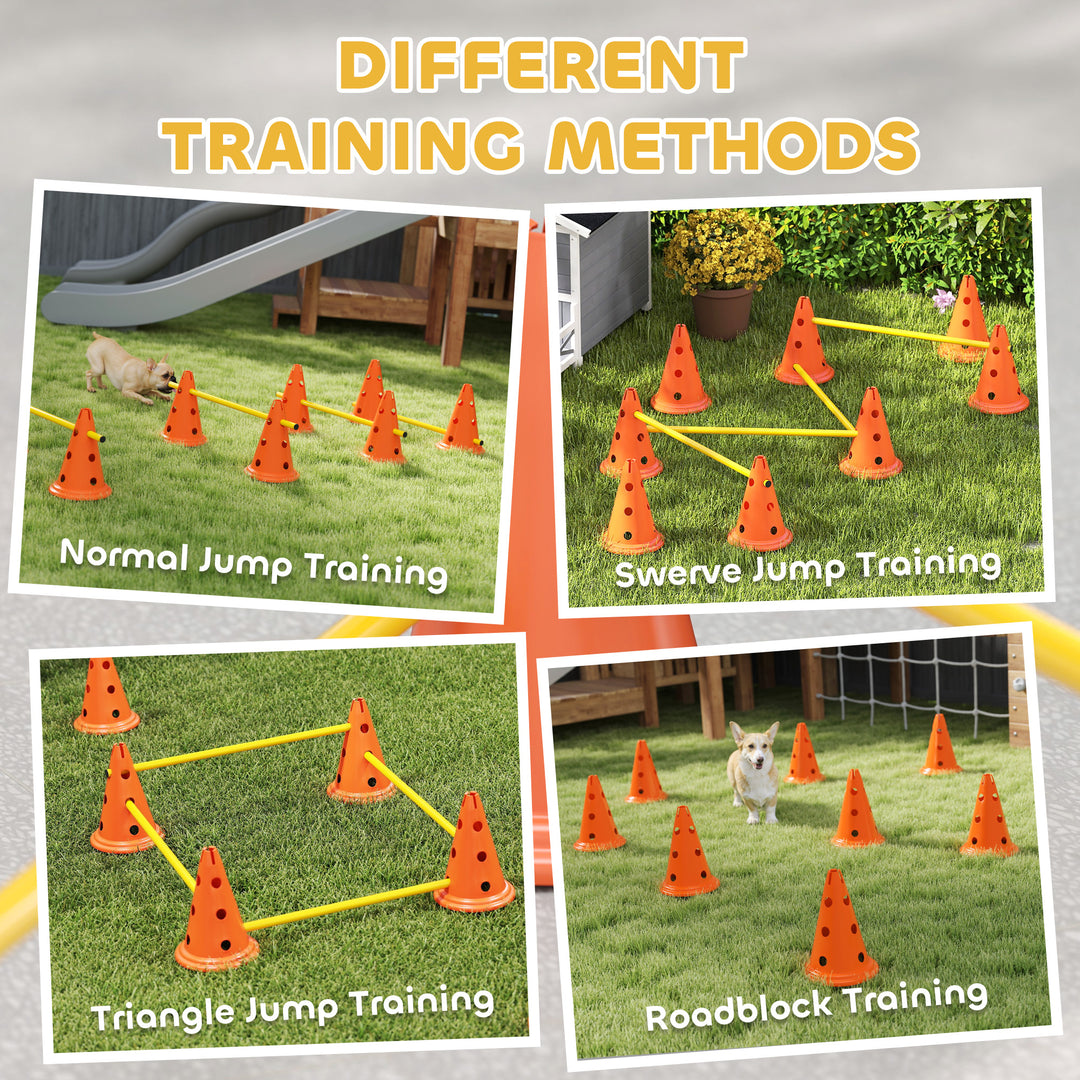 Dog Agility Equipment Set of Eight Cones, Eight Poles w/ Carry Bag, Four-Piece Adjustable Height Jumping Obstacles