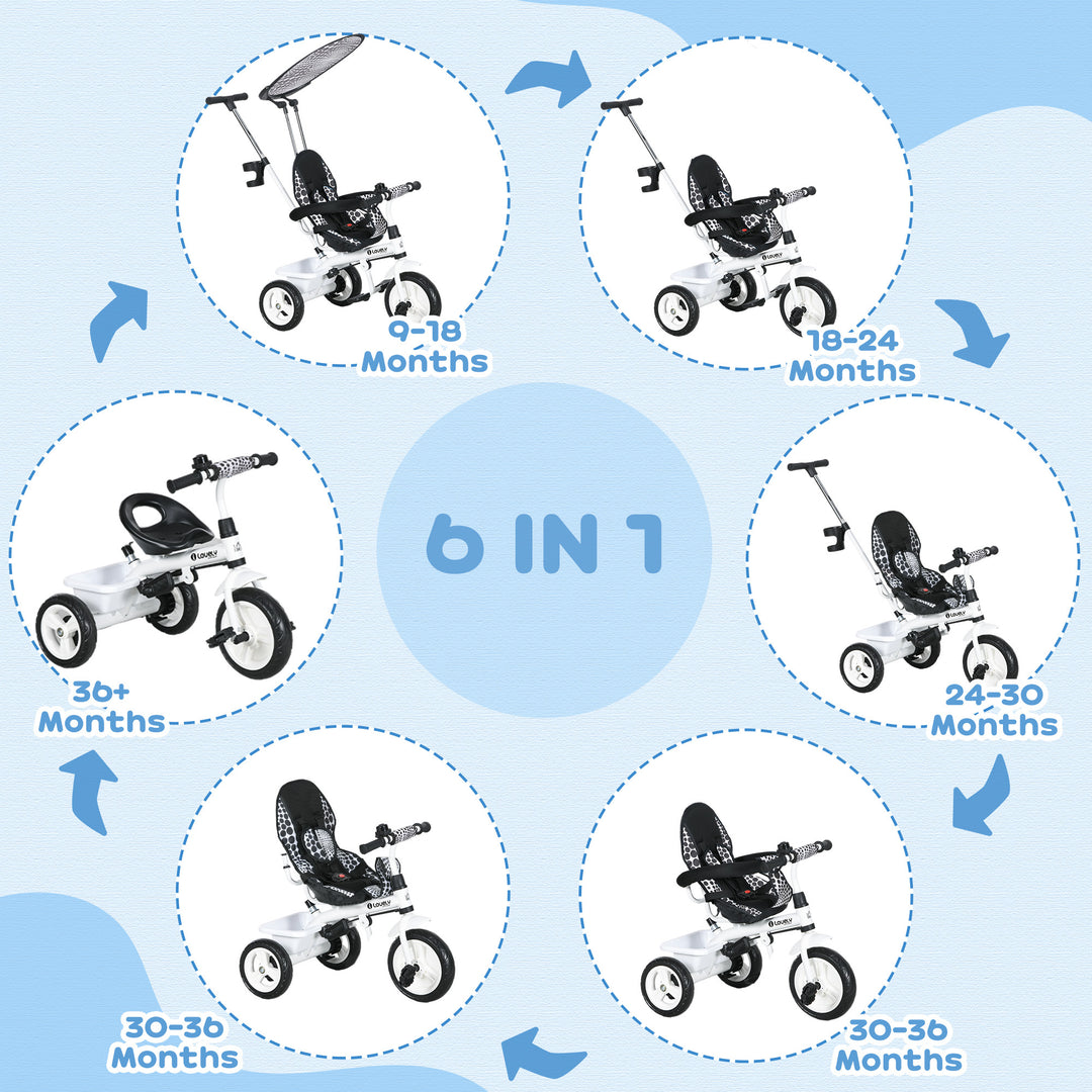 6 in 1 Tricycle for Kids with 5-point harness straps, Removable Canopy, White