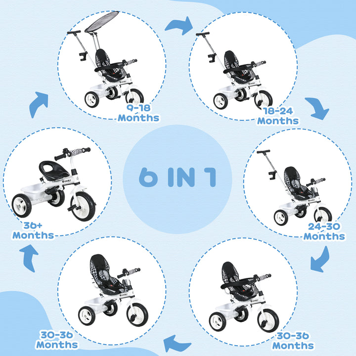 6 in 1 Tricycle for Kids with 5-point harness straps, Removable Canopy, White