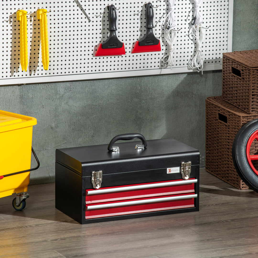 2 Drawer Tool Chest, Lockable Metal Tool Box with Ball Bearing Runners, Portable Toolbox, 460mm x 240mm x 220mm, Black