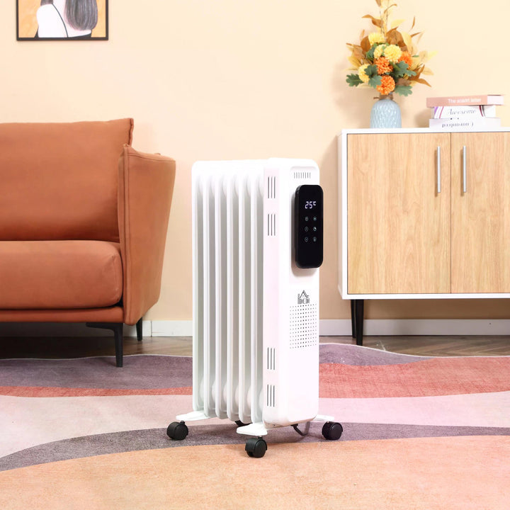 HOMCOM 1630W Oil Filled Radiator, 7 Fin, Portable Electric Heater w/ LED Display, 24H Timer, 3 Heat Settings, Safety Cut-Off Remote -White | Aosom UK