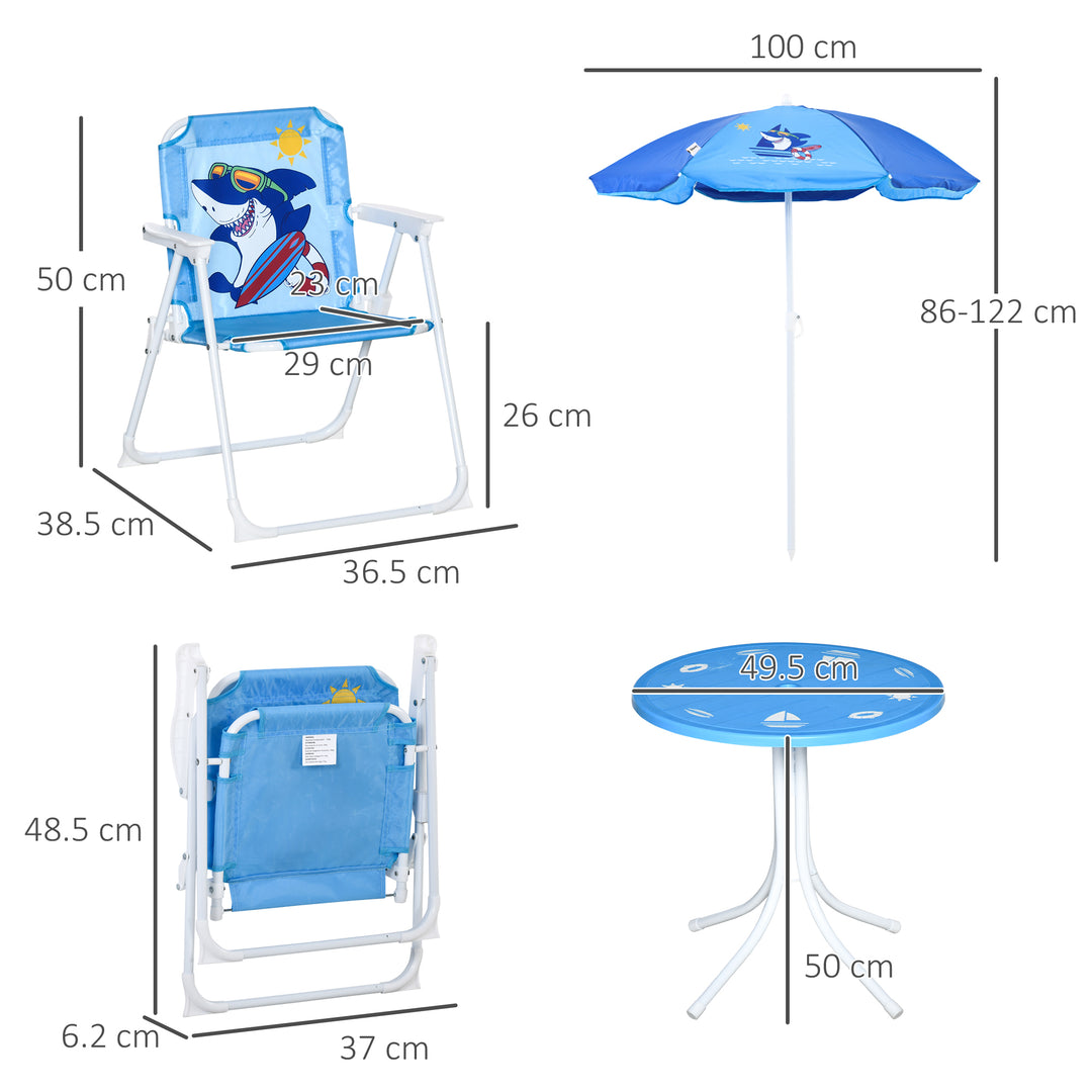 MCL Kids Outdoor Bistro Table and Chair Set, Folding Garden Furniture w/ Shark Design, Removable, Adjustable Sun Umbrella, Ages 3-6 Years - Blue