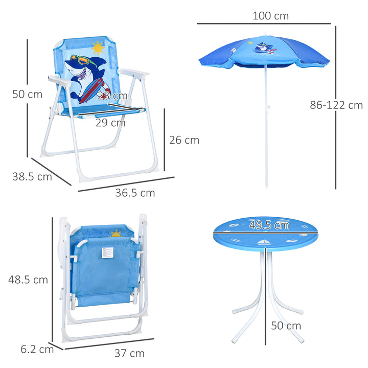 MCL Kids Outdoor Bistro Table and Chair Set, Folding Garden Furniture w/ Shark Design, Removable, Adjustable Sun Umbrella, Ages 3-6 Years - Blue