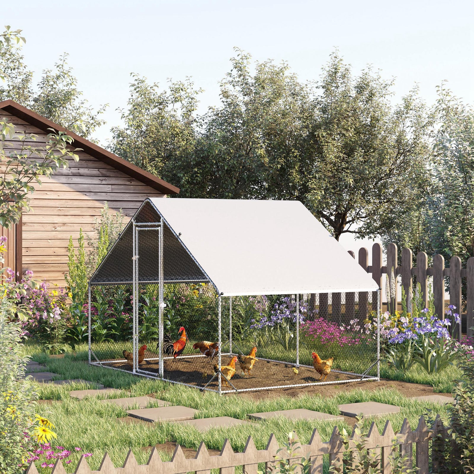 Chicken Run Galvanised Walk-in Chicken Coop Hen Poultry House Cage Rabbit Hutch Pet Playpen Garden w/ Water-Resist Cover, 3 x 2 x 2m