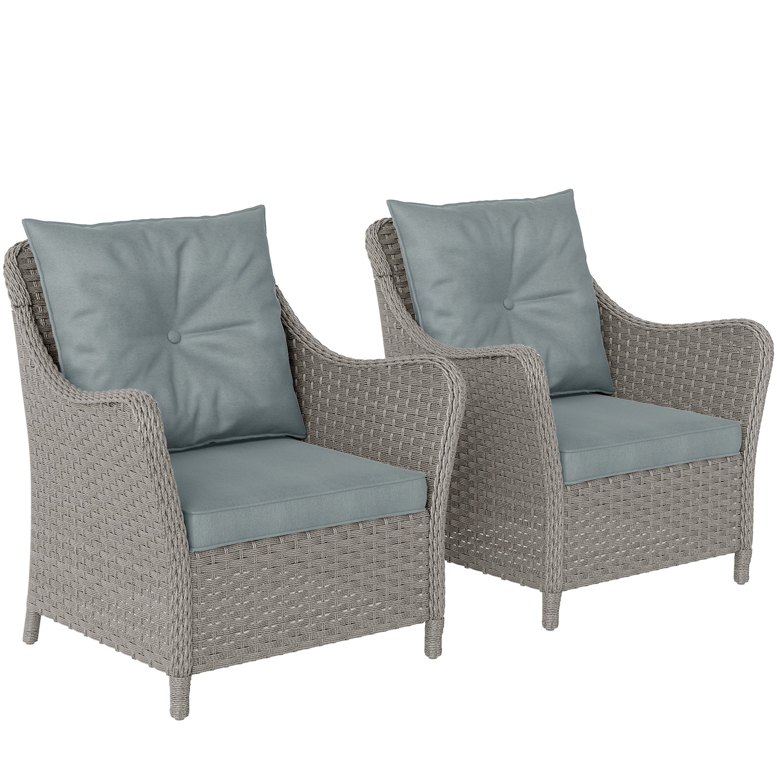 Rattan Garden Chairs Set of 2, Outdoor Rattan Chairs with Cushions, Armrests and High Back, PE Wicker Garden Armchair with Steel Frame for Balcony, Porch, Light Grey