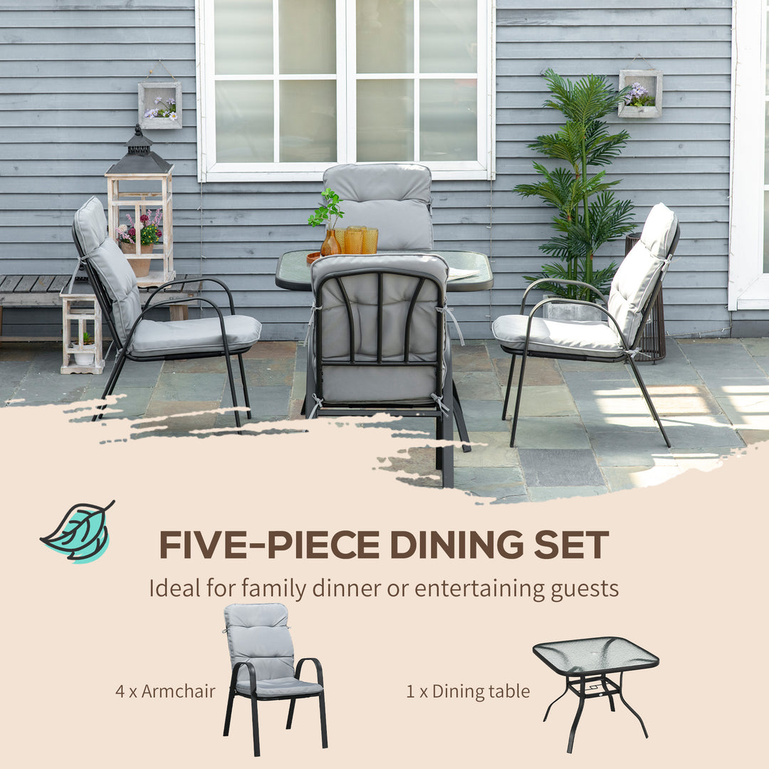 Outsunny 5 Pieces Garden Dining Set, Outdoor Square Dining Table and 4 Cushioned Armchairs, Tempered Glass Top Table w/ Umbrella Hole Black