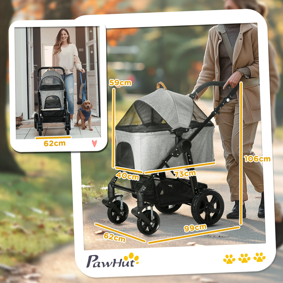 PawHut 2-In-1 Design No-Zip Pet Stroller Detachable Bag Travel Trolley w/ Shock-absorbing System Brake Basket Adjustable Handlebar, Grey | Aosom UK