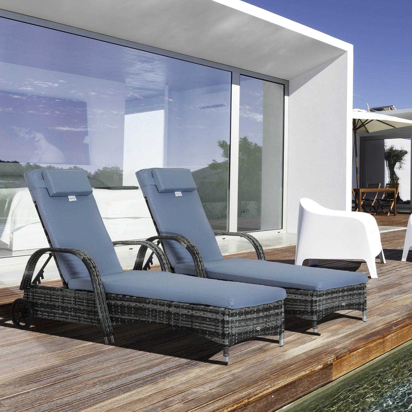 2PC Rattan Sun Lounger Recliner Bed Reclining Chair Patio Garden Outdoor Wicker Weave Adjustable Headrest with Fire Retardant Cushion – Grey