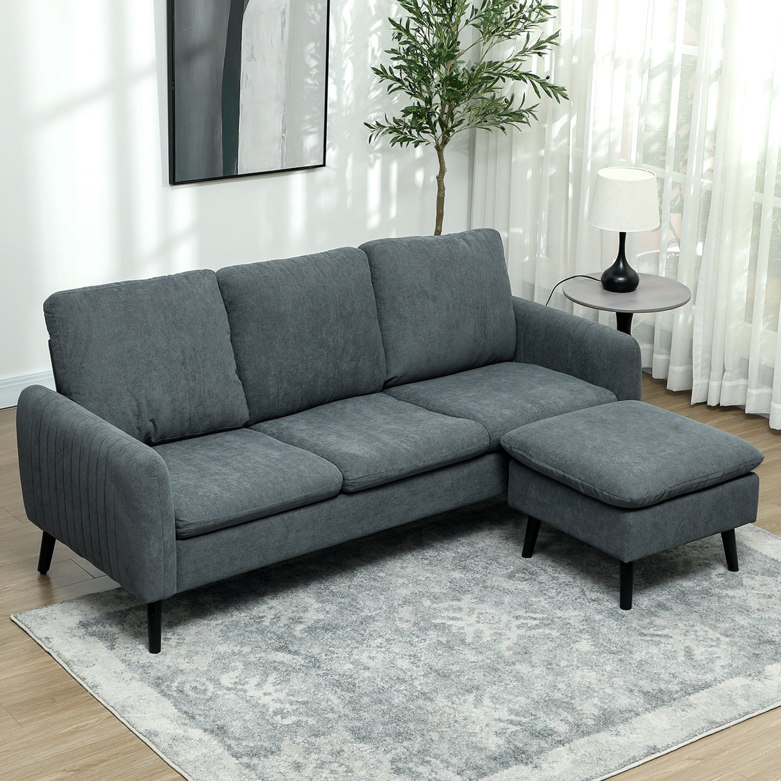 3 Seater Sofa with Ottoman, 196cm Corduroy L-shaped Sofa Couch with Scatter Back, Reversible Chaise Lounge for Living Room, Home Office, Small Spaces, Charcoal Grey