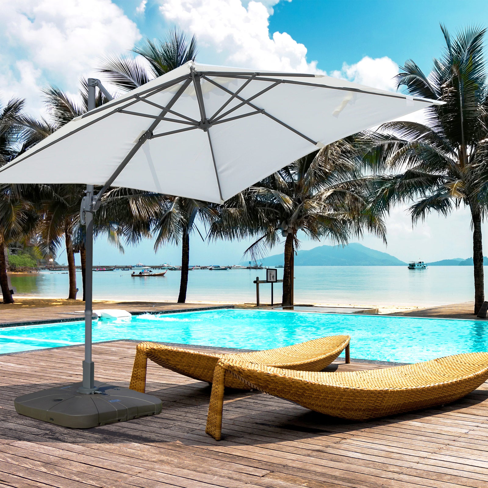Square Cantilever Patio Parasol Base Water or Sand Filled Stand with Wheels Heavy-Duty, Coffee