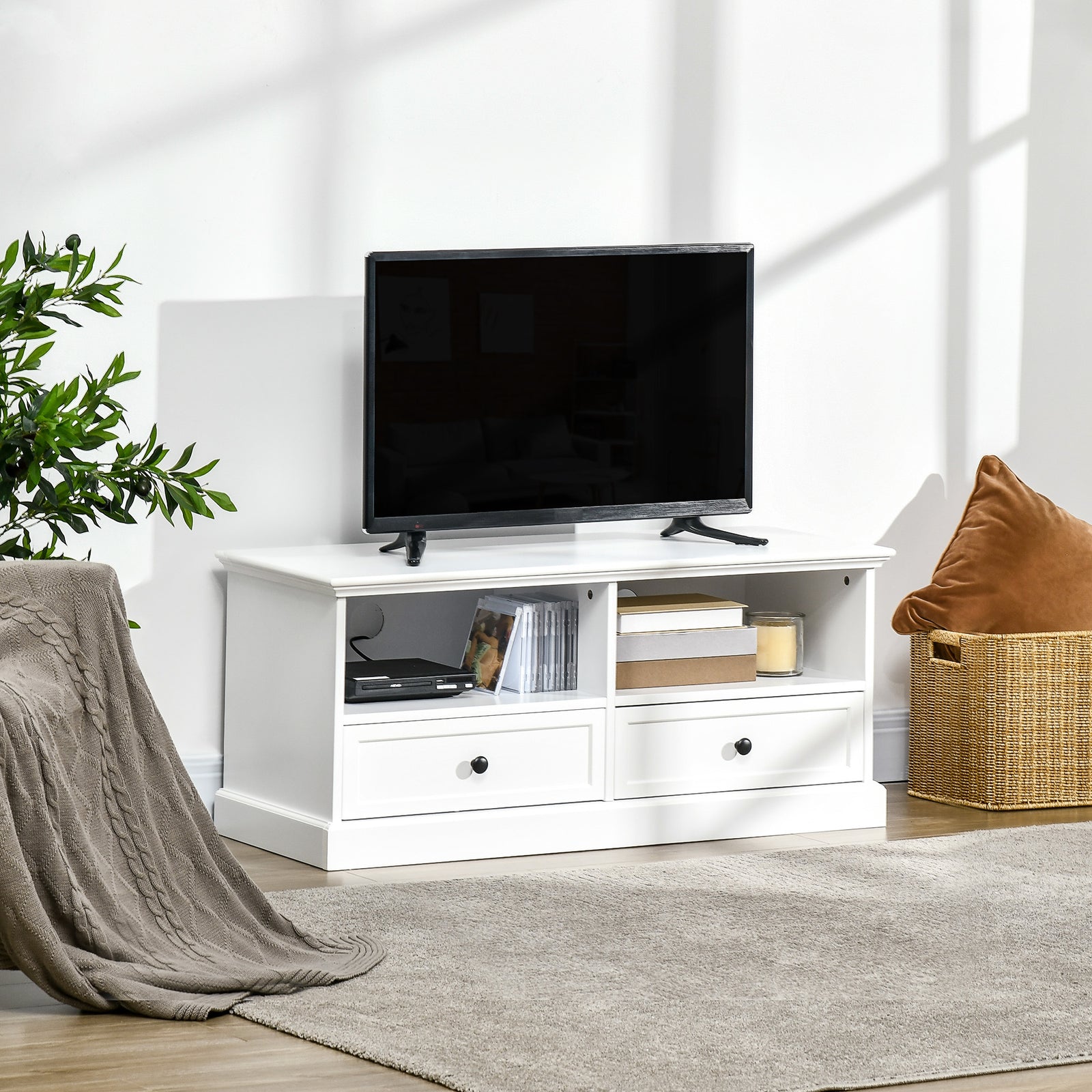 Modern TV Unit Cabinet for TVs up to 45 Inches, TV Stand with Drawers, Open Shelves, Cable Holes for Living Room, White