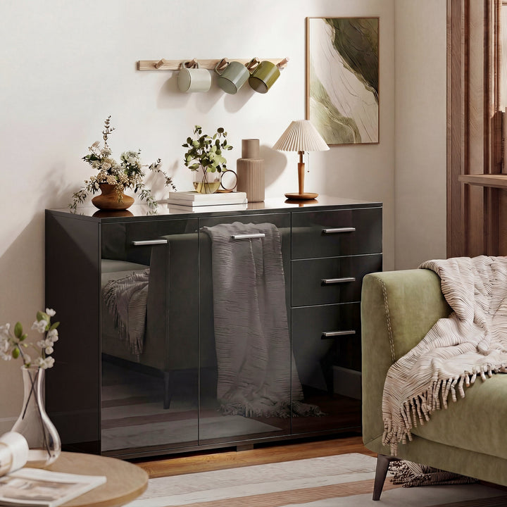 Sideboard, Modern Storage Cabinet with 2 Drawers, 3 Doors and Adjustable Shelves, High Gloss