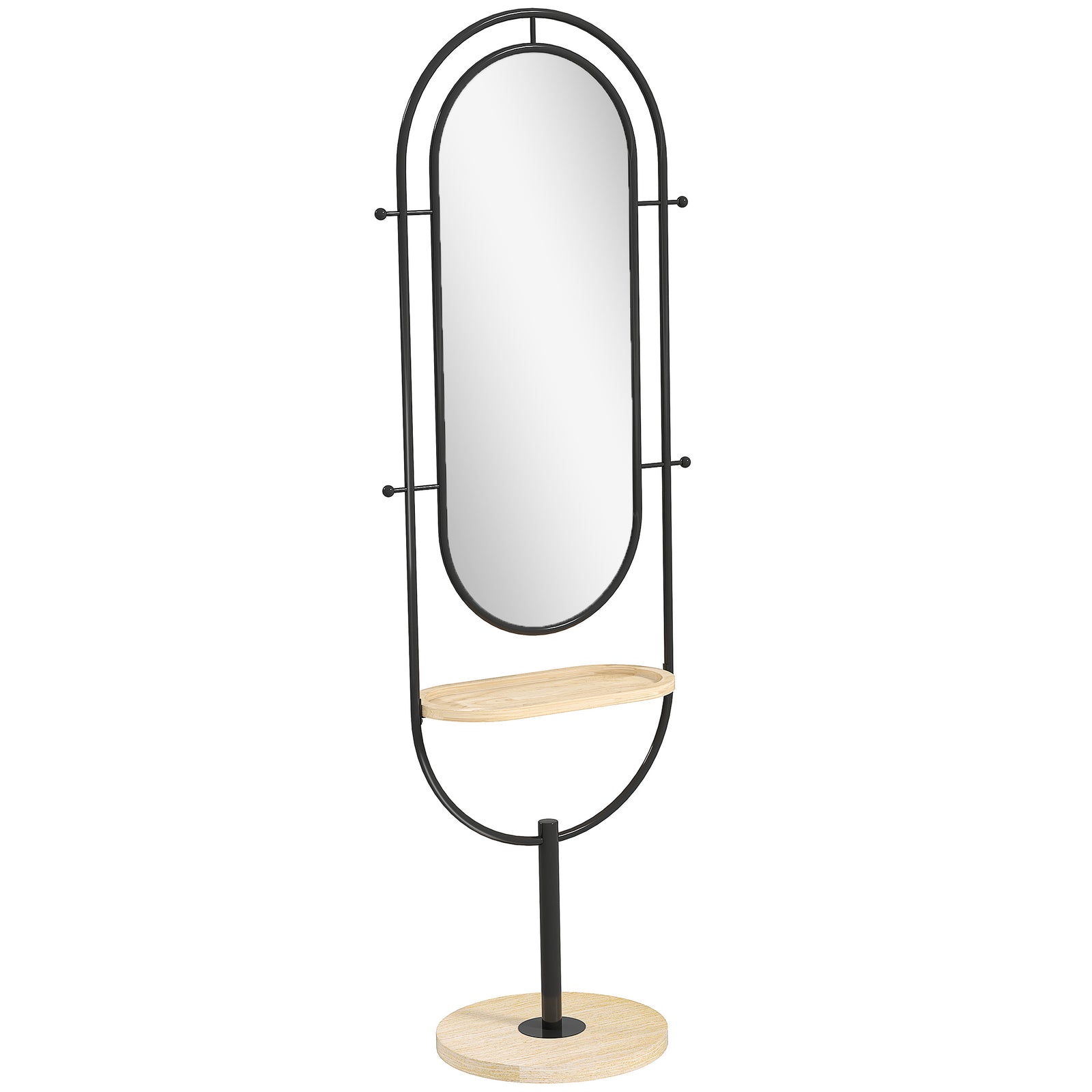 Oval Full Length Mirror with Wooden Tray and 4 Hooks - Black