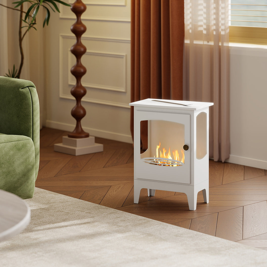 HOMCOM Freestanding Ethanol Fireplace, Steel Bioethanol Fireplace with Stainless Steel Flame Snuffer, 1.2L Tank, 3 Hours Burning Time for Indoor, White