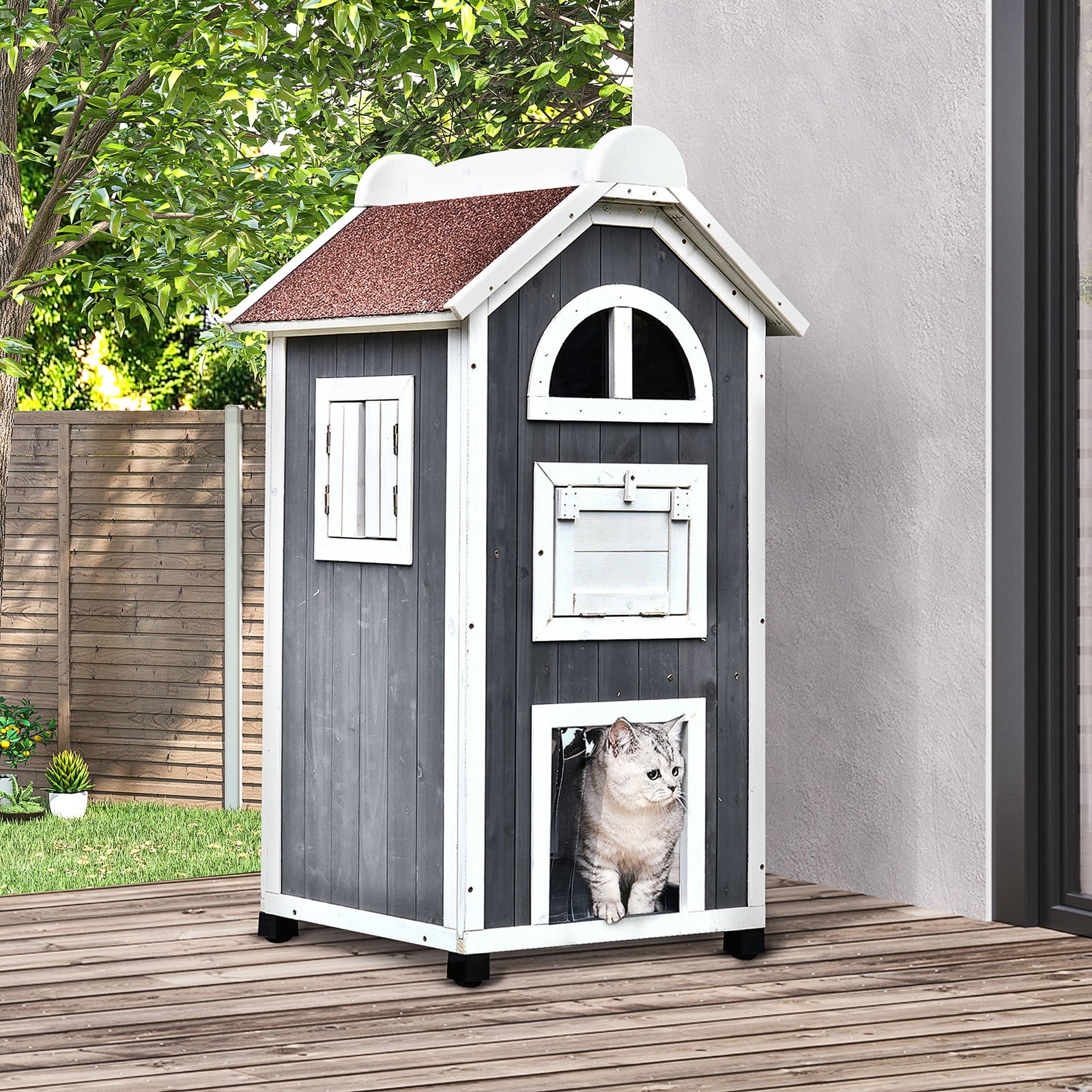 Wooden Cat House, Weatherproof Pet Shelter, Outdoor Cat Condos Cave, 2 Floor Furniture, Grey and White