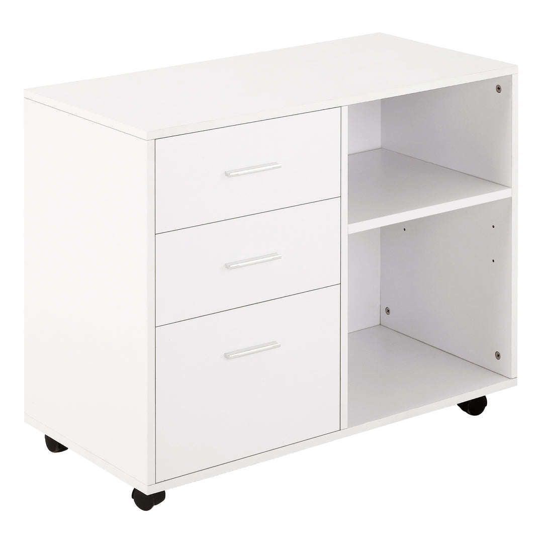 MCL Freestanding Printer Stand Unit Office Desk Side Mobile Storage w/ Wheels 3 Drawers, 2 Open Shelves Modern Style 80L x 40W x 65H cm - White