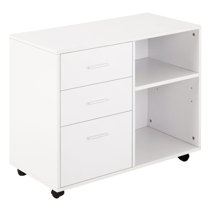 MCL Freestanding Printer Stand Unit Office Desk Side Mobile Storage w/ Wheels 3 Drawers, 2 Open Shelves Modern Style 80L x 40W x 65H cm - White