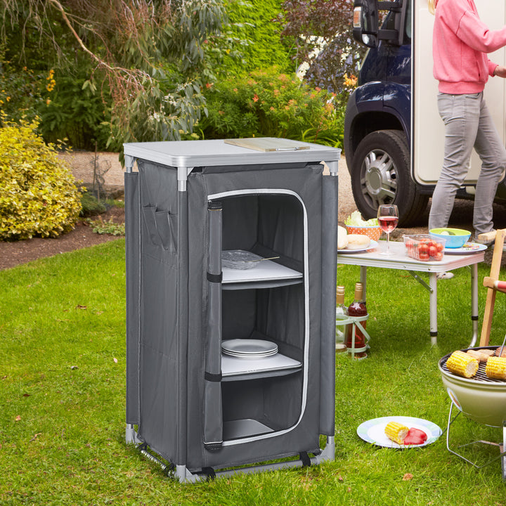 Outsunny Camping Kitchen Unit, 3-Shelf Cook Station with Storage Organiser & Carry Bag, Foldable for BBQs, Picnics, Grey | Aosom UK