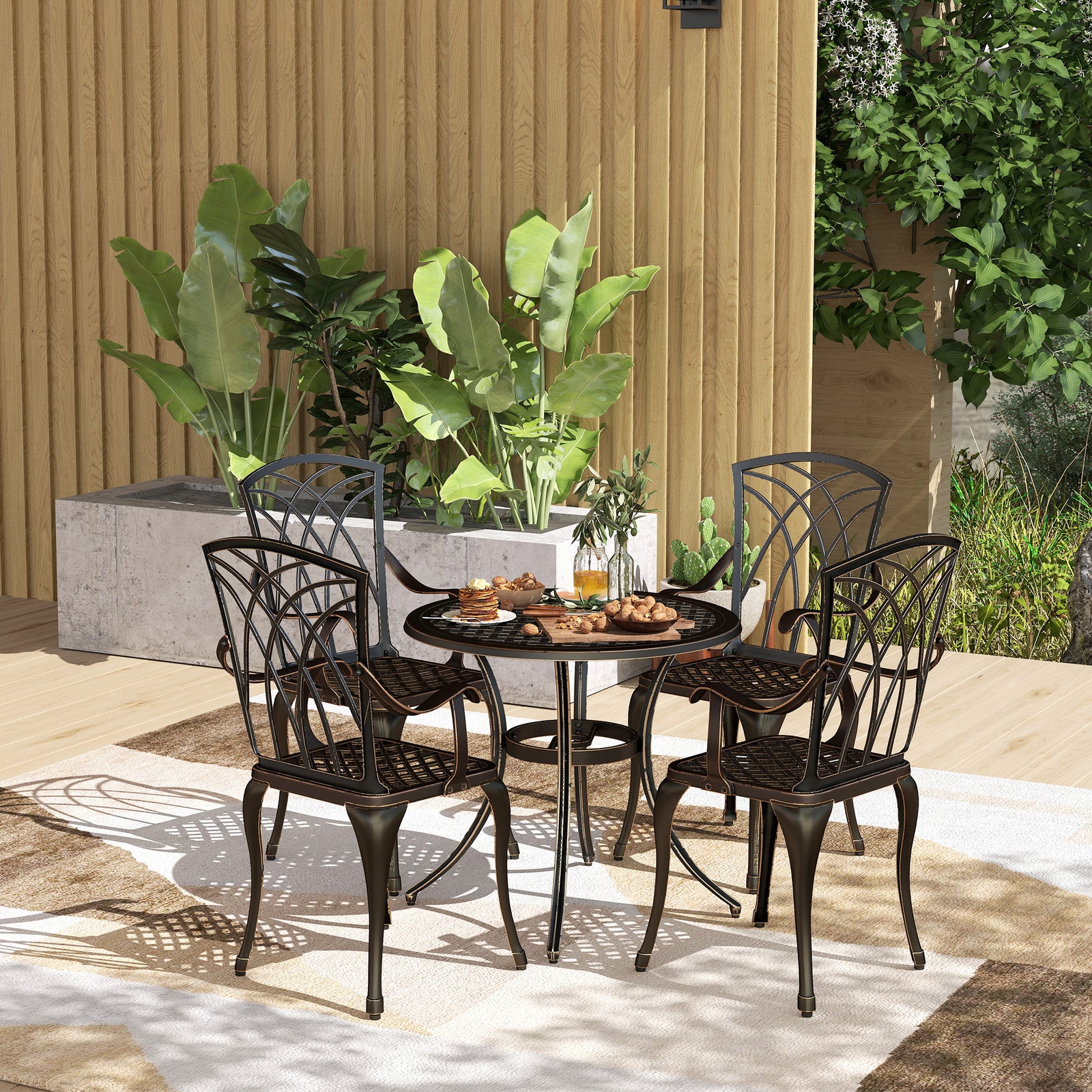 5 Pieces Garden Dining Set for 4, Cast Aluminium Outdoor Dining Set with 4 Armchairs and Round Dining Table with Parasol Hole, Garden Furniture Set, Bronze Tone