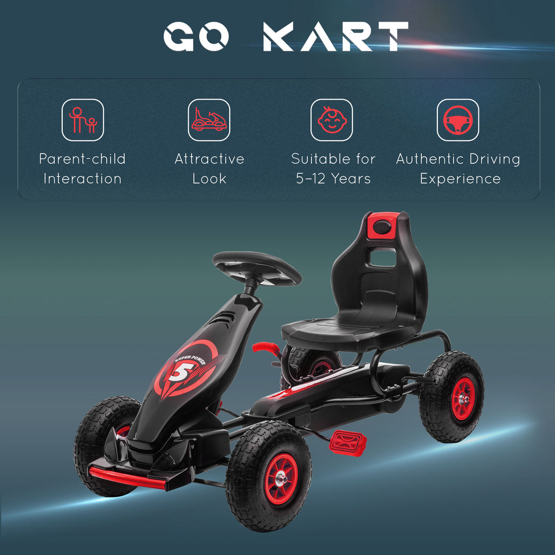 HOMCOM Racing Go Kart for Children, Pedal Go Cart with Adjustable Seat, Inflatable Tyres, and Handbrake, Red