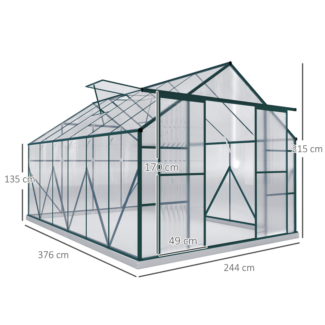 8 x 12ft Aluminium Greenhouse Polycarbonate Walk-in Garden Greenhouse Kit with Adjustable Roof Vent, Double Sliding Door, Rain Gutter and Foundation, Clear