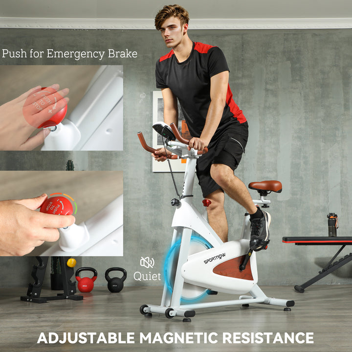 Indoor Exercise Bike, Quiet Stationary Bike, Stylish Cycling Machine with Adjustable Seat and Resistance, LCD Monitor, Tablet Holder, for Home Gym Cardio Workout, White