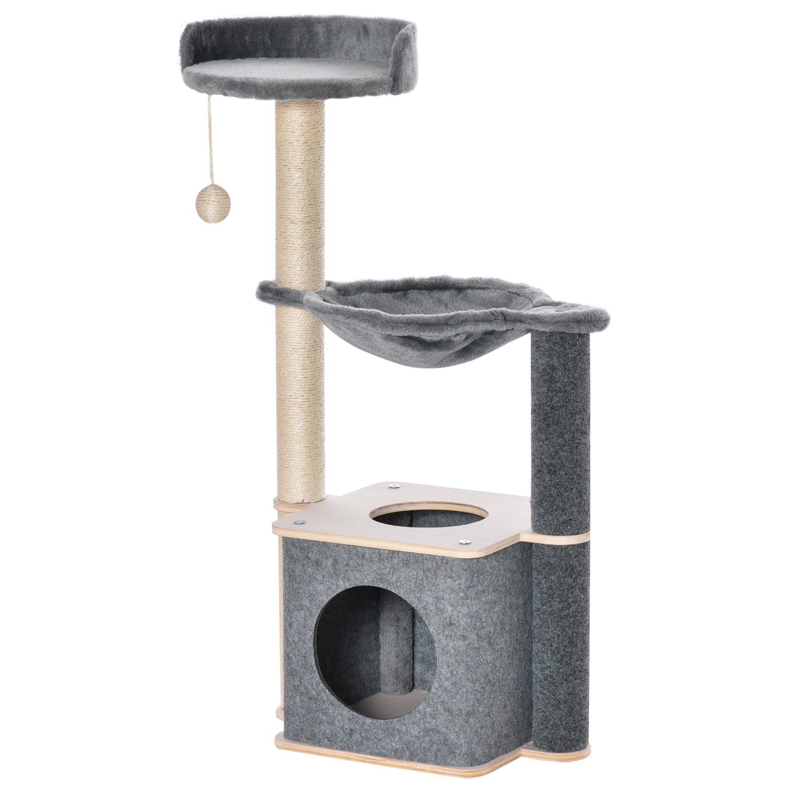 Cat Tree for Indoor Cats 95cm Climbing Tower Kitten Activity Center with Sisal Scratching Post Perch Roomy Condo Hammock Removable Felt Hanging Toy, Grey