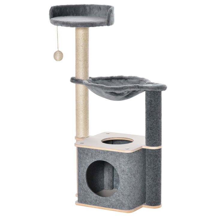 MCL Cat Tree for Indoor Cats 95cm Climbing Tower Kitten Activity Center with Sisal Scratching Post Perch Roomy Condo Hammock Removable Felt Hanging Toy, Grey
