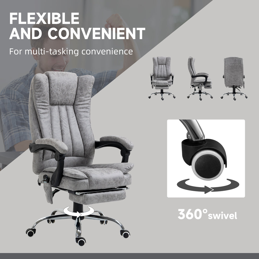 Office Chair with Massage and Heat, Microfibre Reclining Computer Desk Chair with Footrest and Adjustable Height, Swivel Wheels for Home Office, Grey