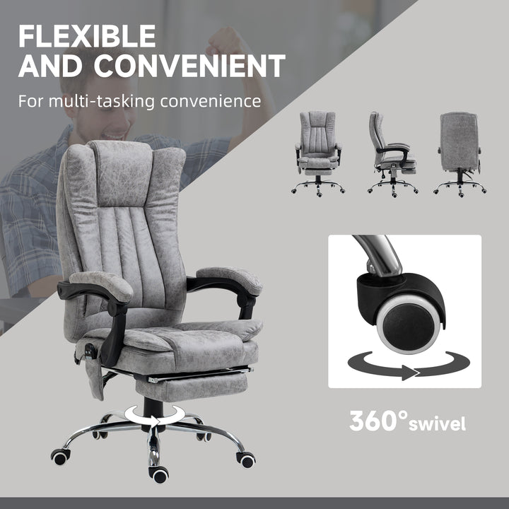 Office Chair with Massage and Heat, Microfibre Reclining Computer Desk Chair with Footrest and Adjustable Height, Swivel Wheels for Home Office, Grey