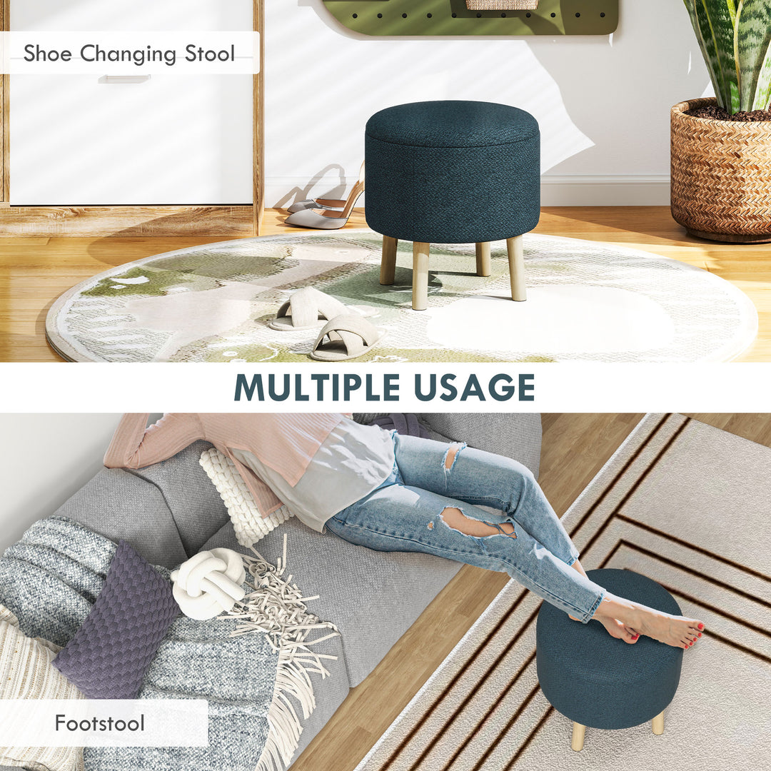 Round Linen-Look Storage Ottoman - Blue