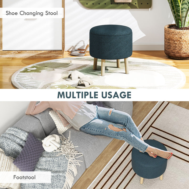 Round Linen-Look Storage Ottoman - Blue