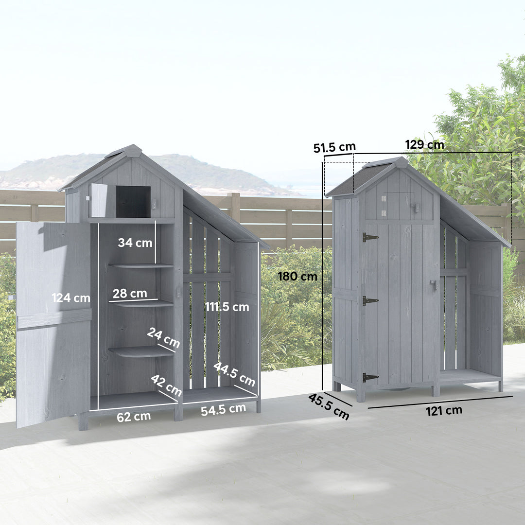 Garden Outdoor Storage Shed 3 Shelves Tilt Roof w/ Firewood Rack Log Carrier, 129L x 51.5W x 180H cm