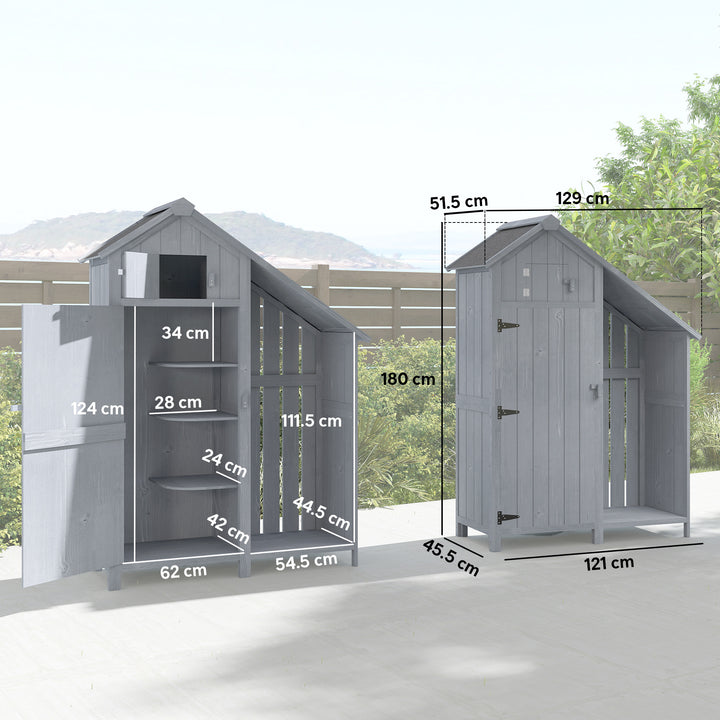 Garden Outdoor Storage Shed 3 Shelves Tilt Roof w/ Firewood Rack Log Carrier, 129L x 51.5W x 180H cm
