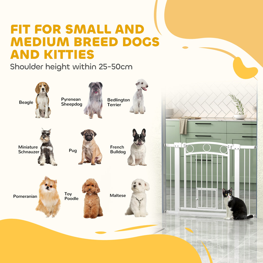 77cm Tall Dog Gate with Cat Door, 7cm and 14cm Extensions, for Stairs, Doorways, 76-104cm Width