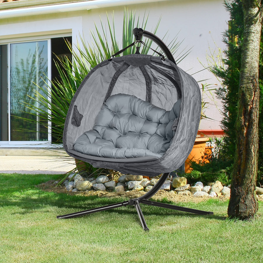 Double Hanging Egg Chair 2 Seaters Texteline Swing Hammock Chair with Stand, Cushion and Folding Design, for Indoor and Outdoor, Grey