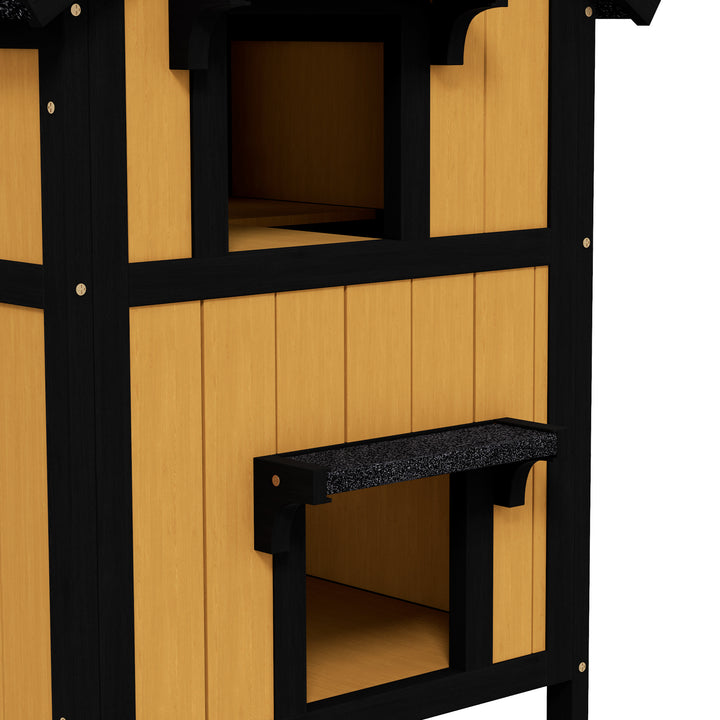 Wooden Cat House with Flower Pot, Windows, Multiple Entrances, Water-Resistant Roof for Outdoor - Yellow