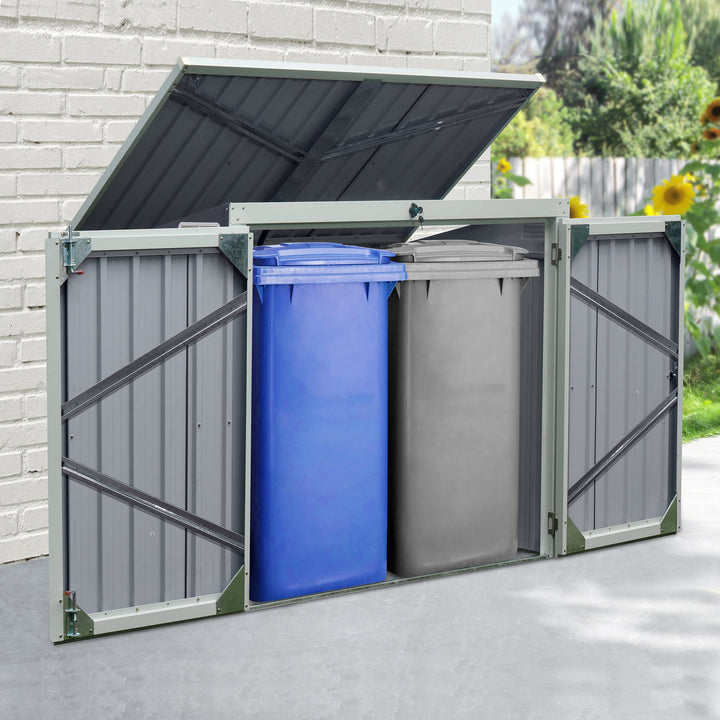 Outsunny 5ft x 3ft Garden 2-Bin Corrugated Steel Rubbish Storage Shed w/ Locking Doors Lid Outdoor Hygienic Dustbin Unit Garbage Trash Cover