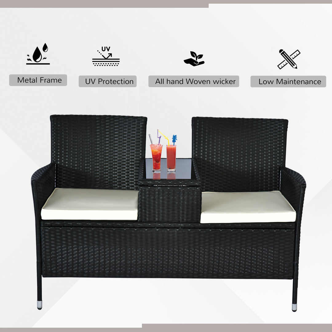 MCL 2 Seater Rattan Campanion Chair Wicker Loveseat Outdoor Patio Armchair with Drink Table Garden Furniture - Black