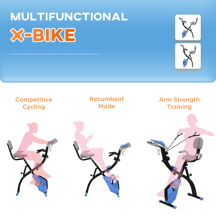 MCL 2-in-1 Folding Exercise Bike with 8-Level Magnetic Resistance, Arm Resistance Band, Pulse Sensor, Blue