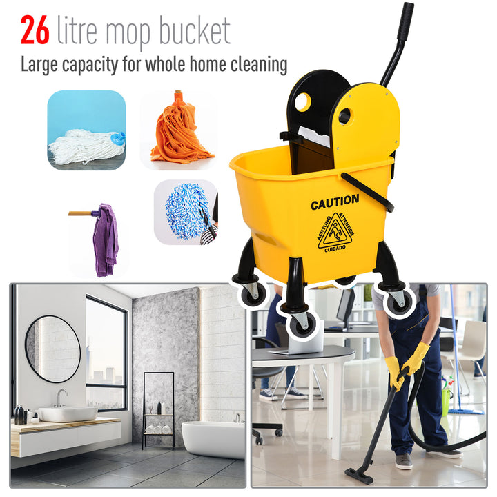 HOMCOM 26L Mop Bucket & Water Wringer w/ 4 Wheels Plastic Body Metal Handle Pole Holder Home Commercial Cleaning Floor Cart Yellow | Aosom UK