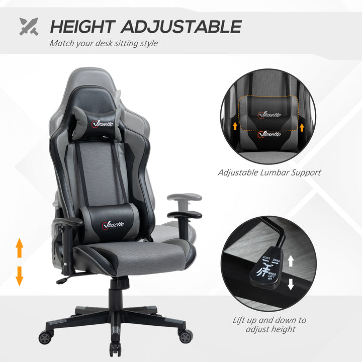 Vinsetto Gaming Chair Racing Style Ergonomic Office Chair High Back Computer Desk Chair Adjustable Height Swivel Recliner with Lumbar Support, Grey