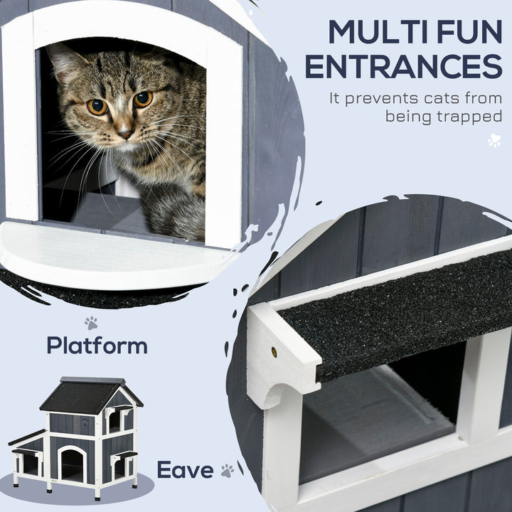 Wooden Cat House with Flower Pot, Windows, Multiple Entrances, Water-Resistant Roof for Outdoor - Grey