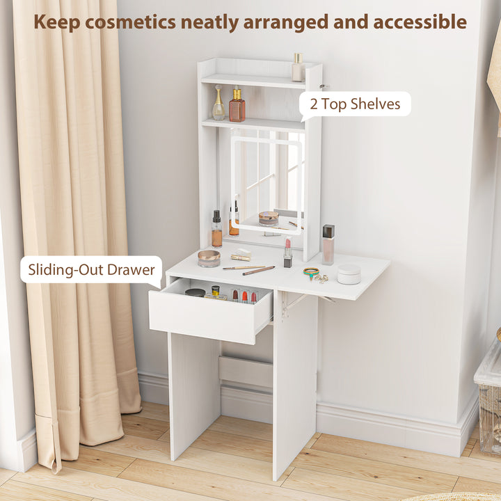 Small Vanity Desk with Mirror and LED Lights, Compact Dressing Table with Drop Leaf, Open Shelves and Drawer, White