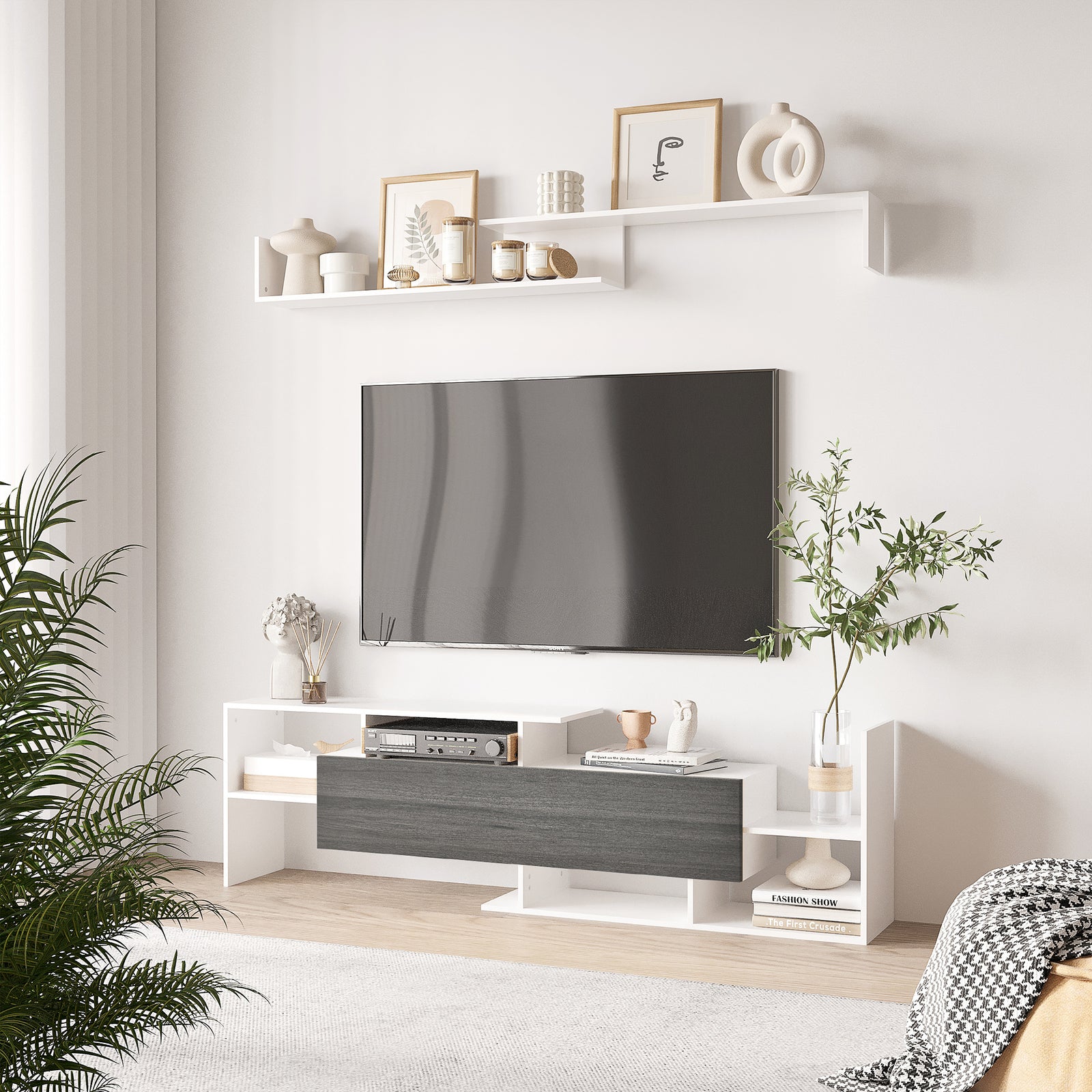 TV Cabinet with Wall Shelf for Wall-Mounted 65" TVs or Standing 40" TVs - White and Grey