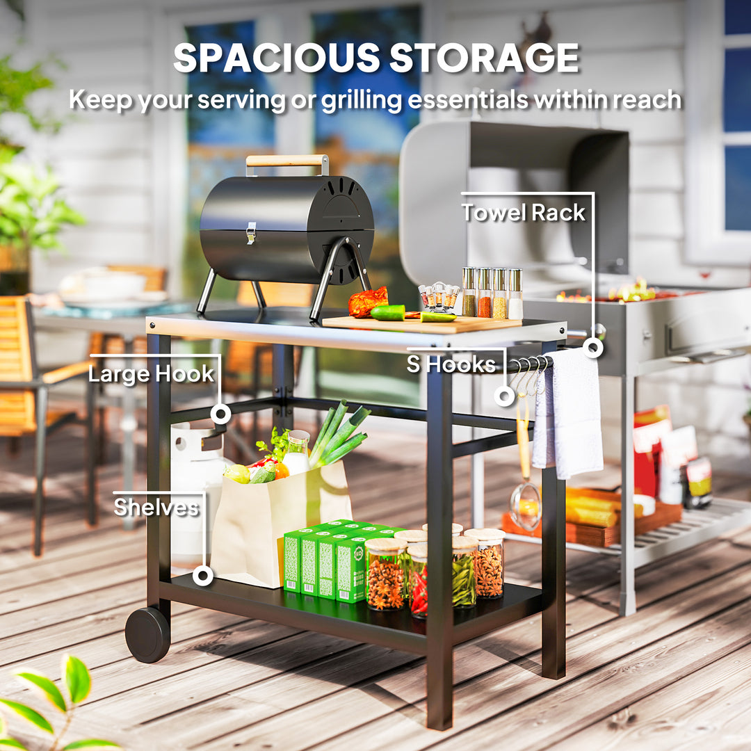 Outdoor Grill Dining Cart 2-Shelf Movable Pizza Oven Table Stand with Stainless Steel Top, Portable BBQ Trolley Food Prep Outdoor Kitchen BBQ Station with Hooks Wheels Handle, Charcoal Grey