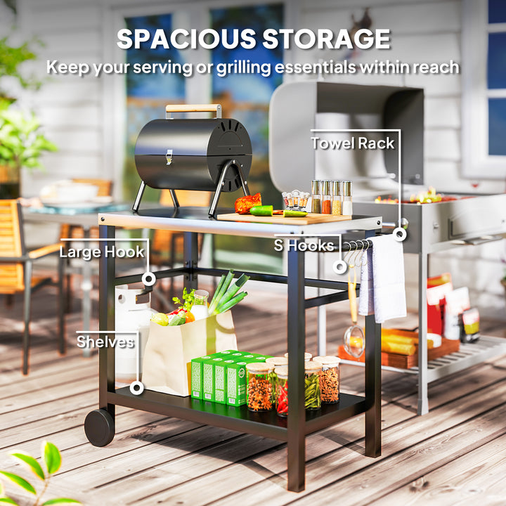 Outdoor Grill Dining Cart 2-Shelf Movable Pizza Oven Table Stand with Stainless Steel Top, Portable BBQ Trolley Food Prep Outdoor Kitchen BBQ Station with Hooks Wheels Handle, Charcoal Grey