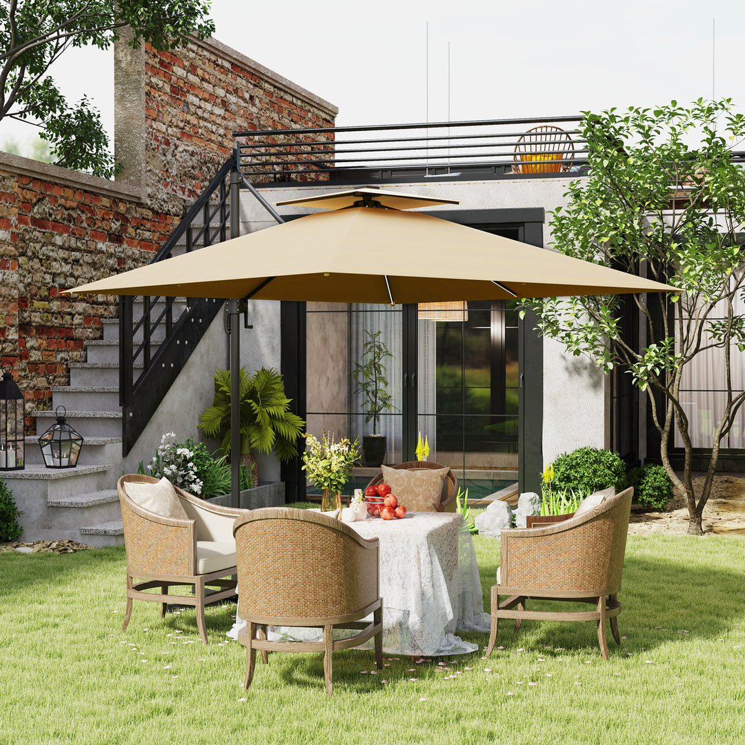 2.5m Cantilever Parasol with Solar Powered LED Lights, 360° Rotation, Tilt Adjustment, Crank Handle, Khaki