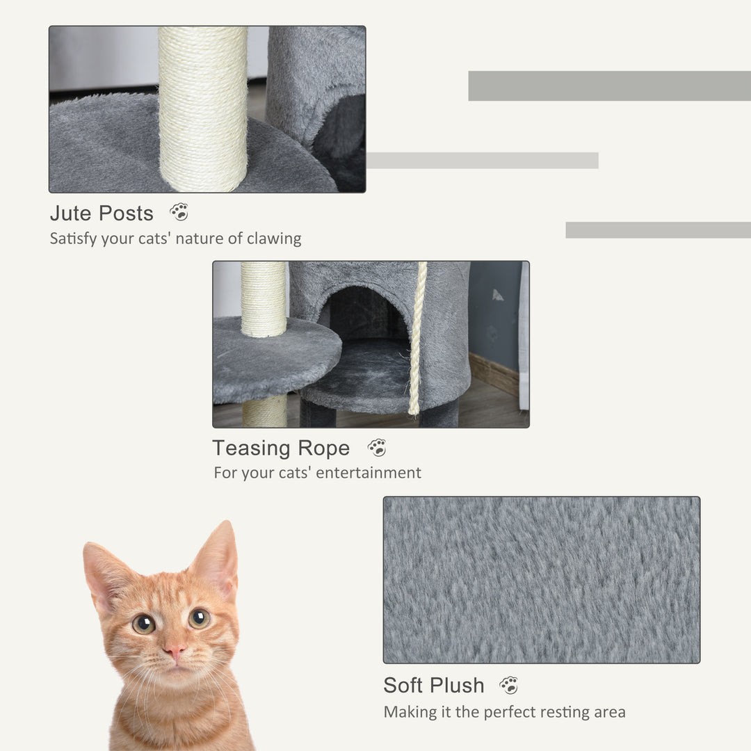 MCL Cat Tree Tower for Indoor Cats 112cm Climbing Kitten Activity Center with Jute Scratching Post Perch Hanging Ball Toy Teasing Rope Dark grey